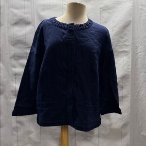 Chico's Navy Blue Linen 3/4 Sleeve Snap Front Blazer Jacket Size XL